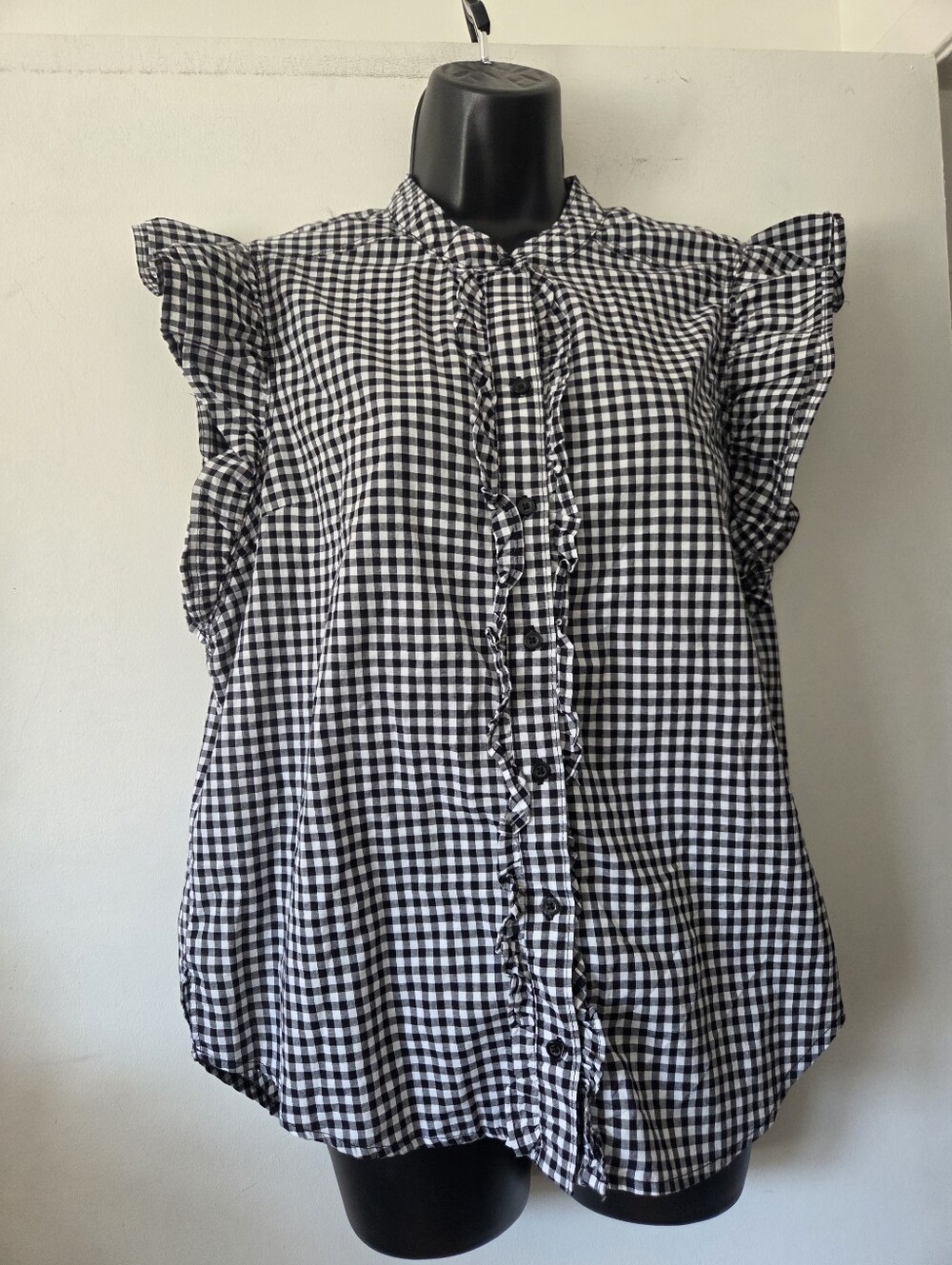 Chaps Black & White Gingham Ruffle Sleeve Blouse NWT